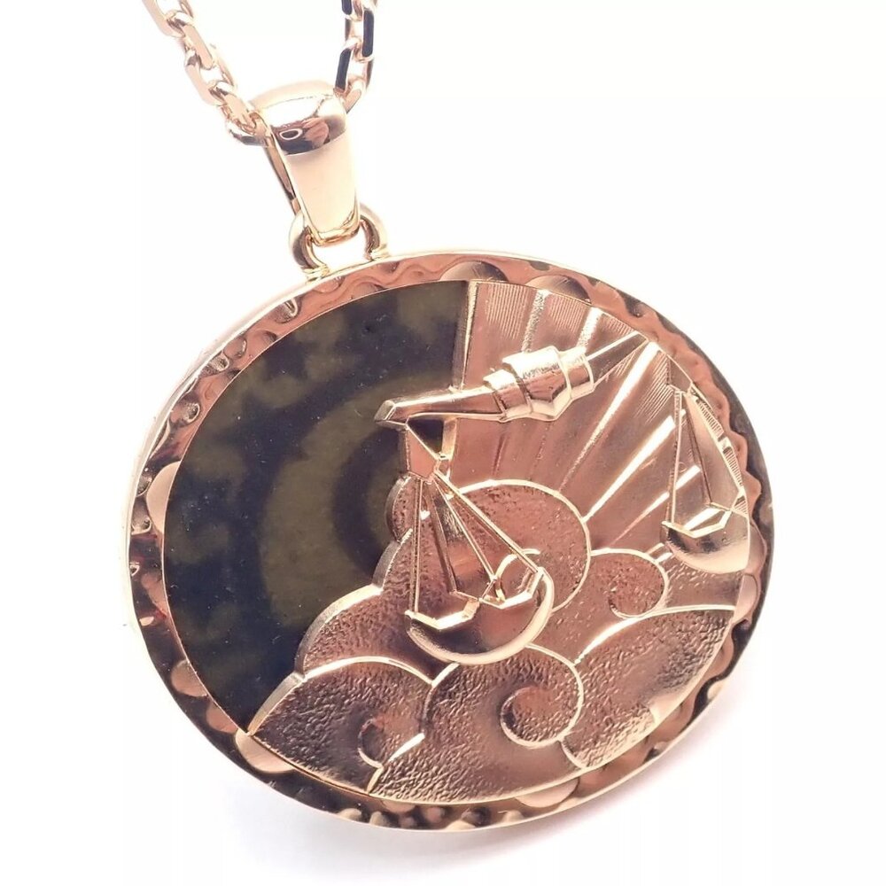 Van Cleef & Arpels Zodiaque18k Rose Gold Libra Pendant Obsidian Necklace Cert.